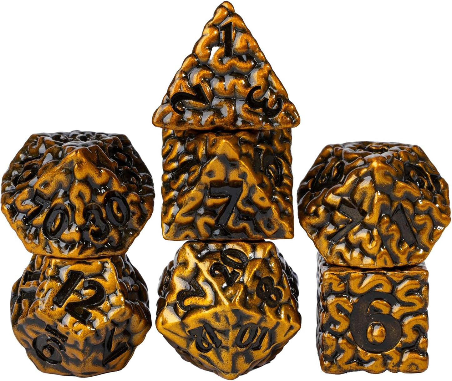 7 Pcs Metal DND Dice Set, Brain Design Metal Dice, D&D Polyhedral Dice Set with Skull Dice Bag, for Role Playing Game D&D Dice Pathfinder (Antique Gold)