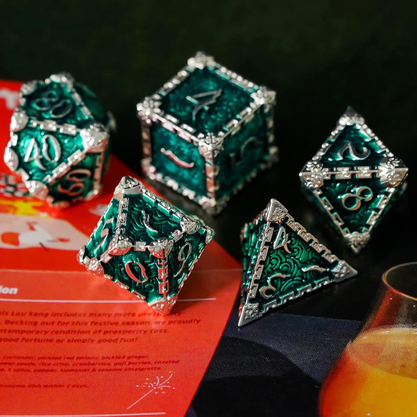 7 Pcs Metal Dice with Metal Box, Dagger Design Polyhedral DND Dice Set, for Role Playing Game D&D Dice Pathfinder (Silver Green)