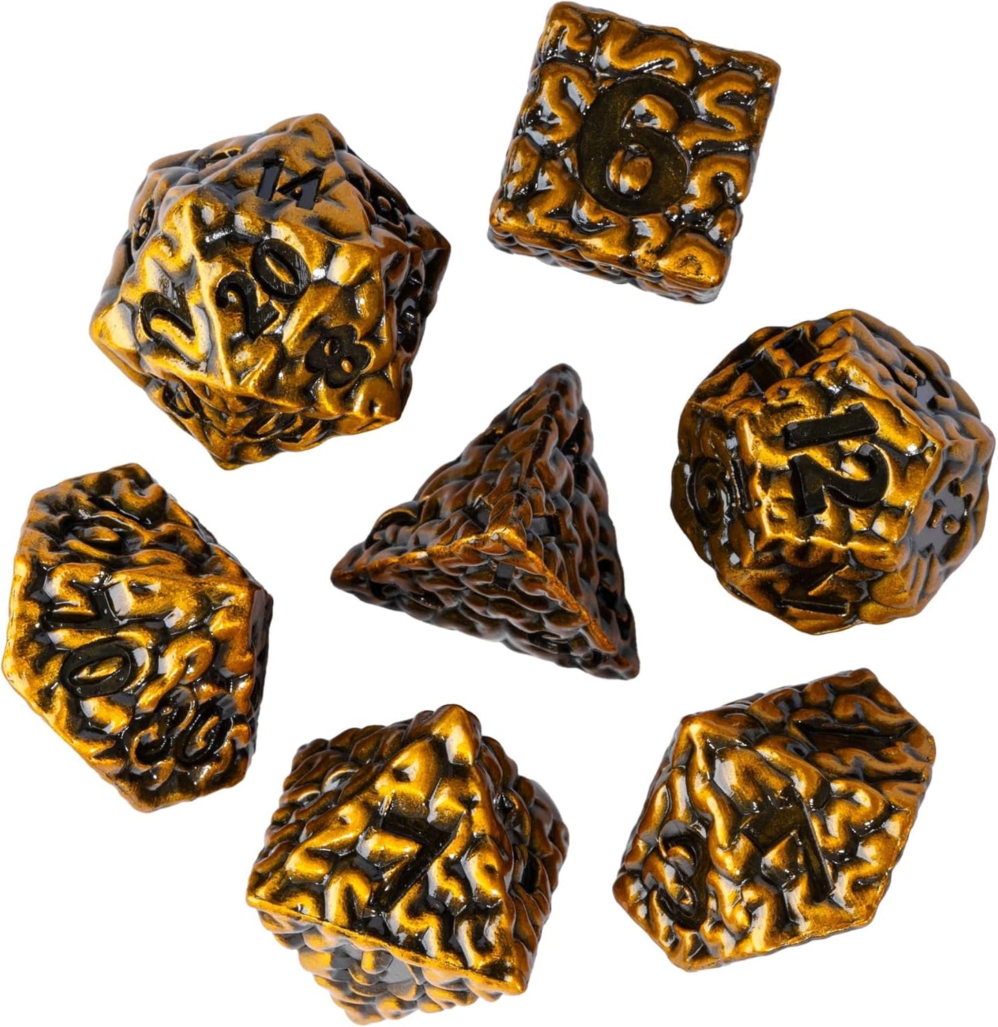 7 Pcs Metal DND Dice Set, Brain Design Metal Dice, D&D Polyhedral Dice Set with Skull Dice Bag, for Role Playing Game D&D Dice Pathfinder (Antique Gold)
