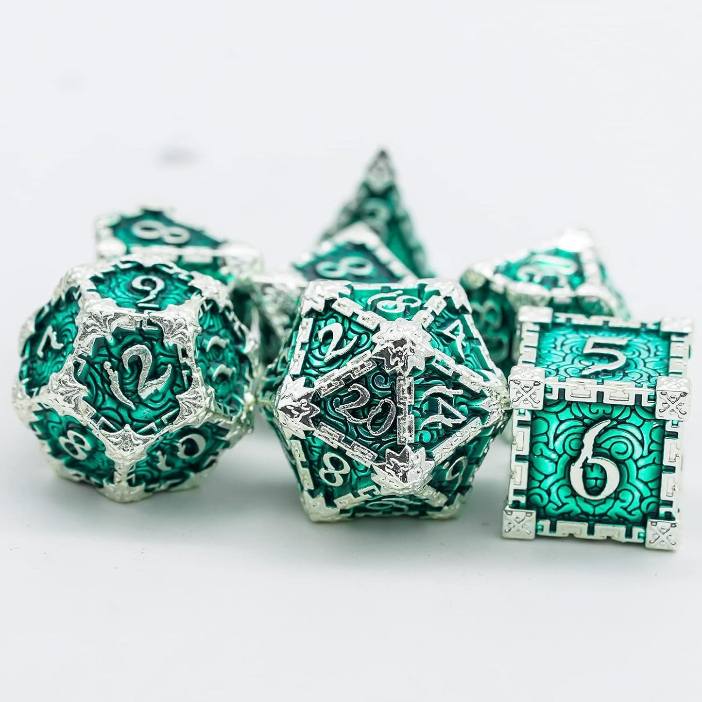 7 Pcs Metal Dice with Metal Box, Dagger Design Polyhedral DND Dice Set, for Role Playing Game D&D Dice Pathfinder (Silver Green)