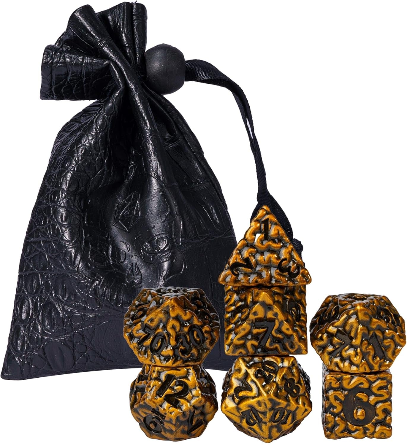 7 Pcs Metal DND Dice Set, Brain Design Metal Dice, D&D Polyhedral Dice Set with Skull Dice Bag, for Role Playing Game D&D Dice Pathfinder (Antique Gold)