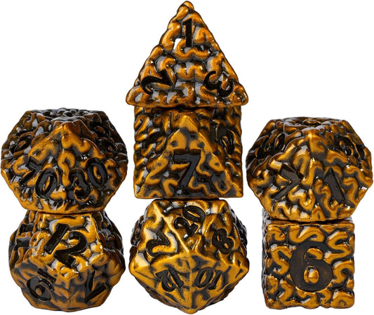 7 Pcs Metal DND Dice Set, Brain Design Metal Dice, D&D Polyhedral Dice Set with Skull Dice Bag, for Role Playing Game D&D Dice Pathfinder (Antique Gold)