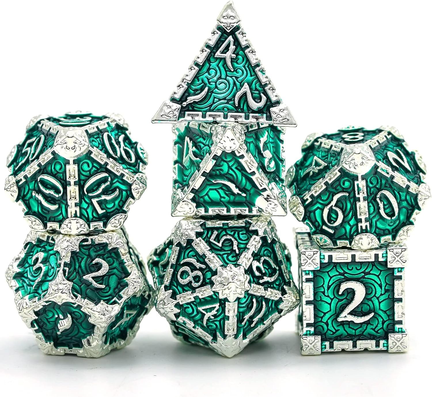 7 Pcs Metal Dice with Metal Box, Dagger Design Polyhedral DND Dice Set, for Role Playing Game D&D Dice Pathfinder (Silver Green)