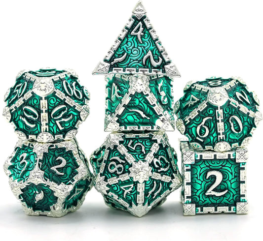 7 Pcs Metal Dice with Metal Box, Dagger Design Polyhedral DND Dice Set, for Role Playing Game D&D Dice Pathfinder (Silver Green)