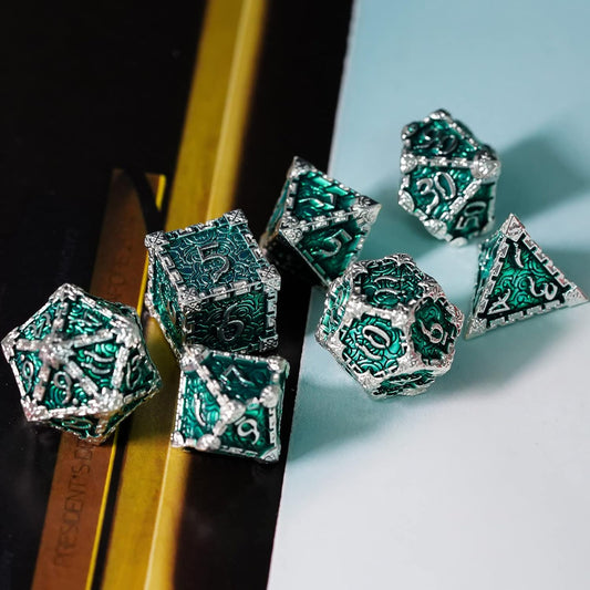 7 Pcs Metal Dice with Metal Box, Dagger Design Polyhedral DND Dice Set, for Role Playing Game D&D Dice Pathfinder (Silver Green)